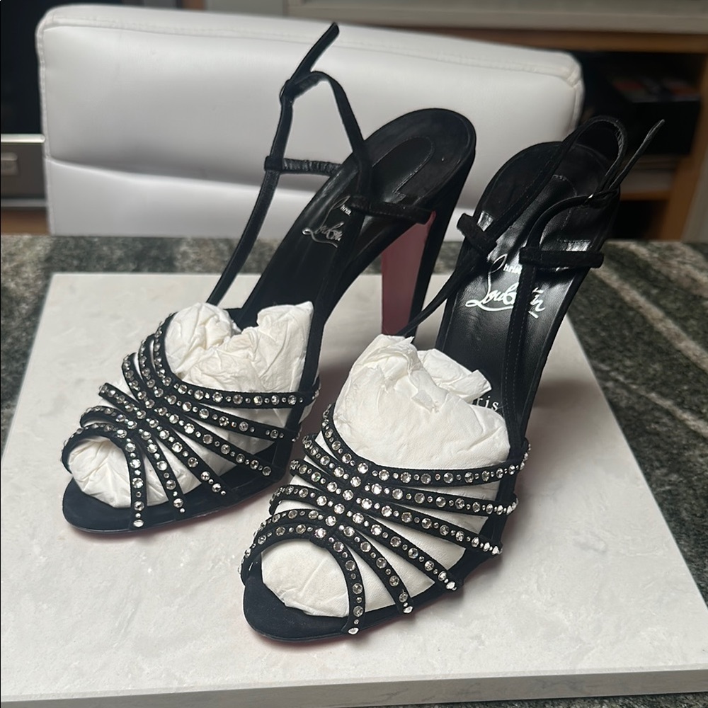 Christian Louboutin Black Stiletto Heels with Intricate Straps